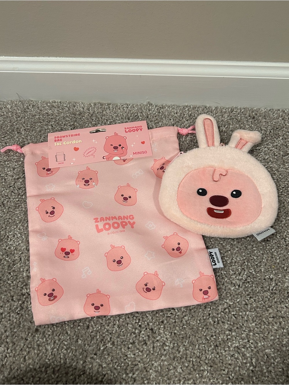 Zannang Loopy Pink Plush Coin Purse with Drawstring Bag - NWT
